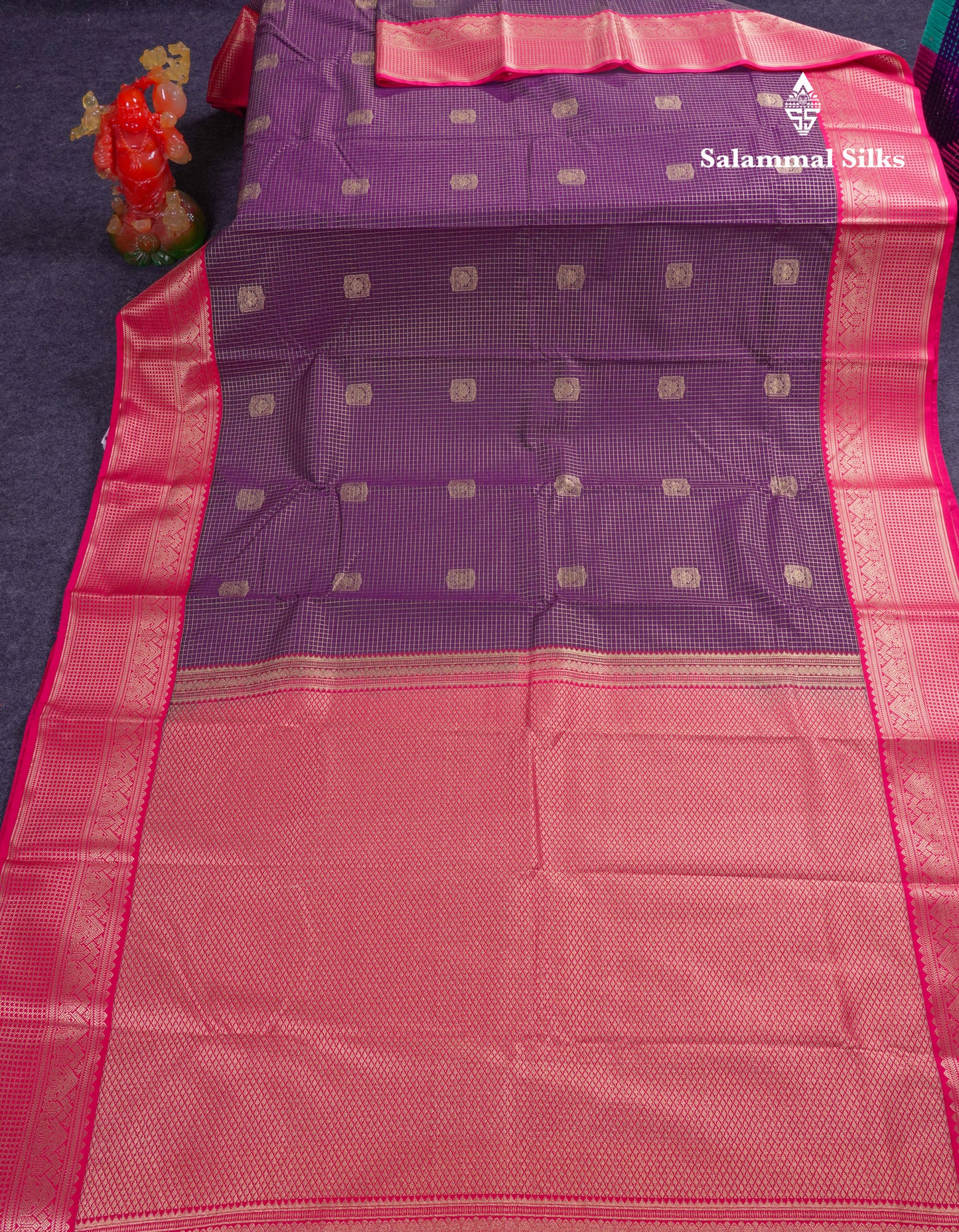 Beautiful Dark Purple Checks Semi Silk Saree With Contrast Pink Border