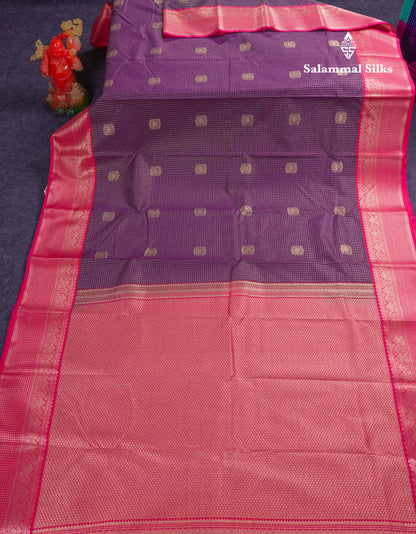 Beautiful Dark Purple Checks Semi Silk Saree With Contrast Pink Border