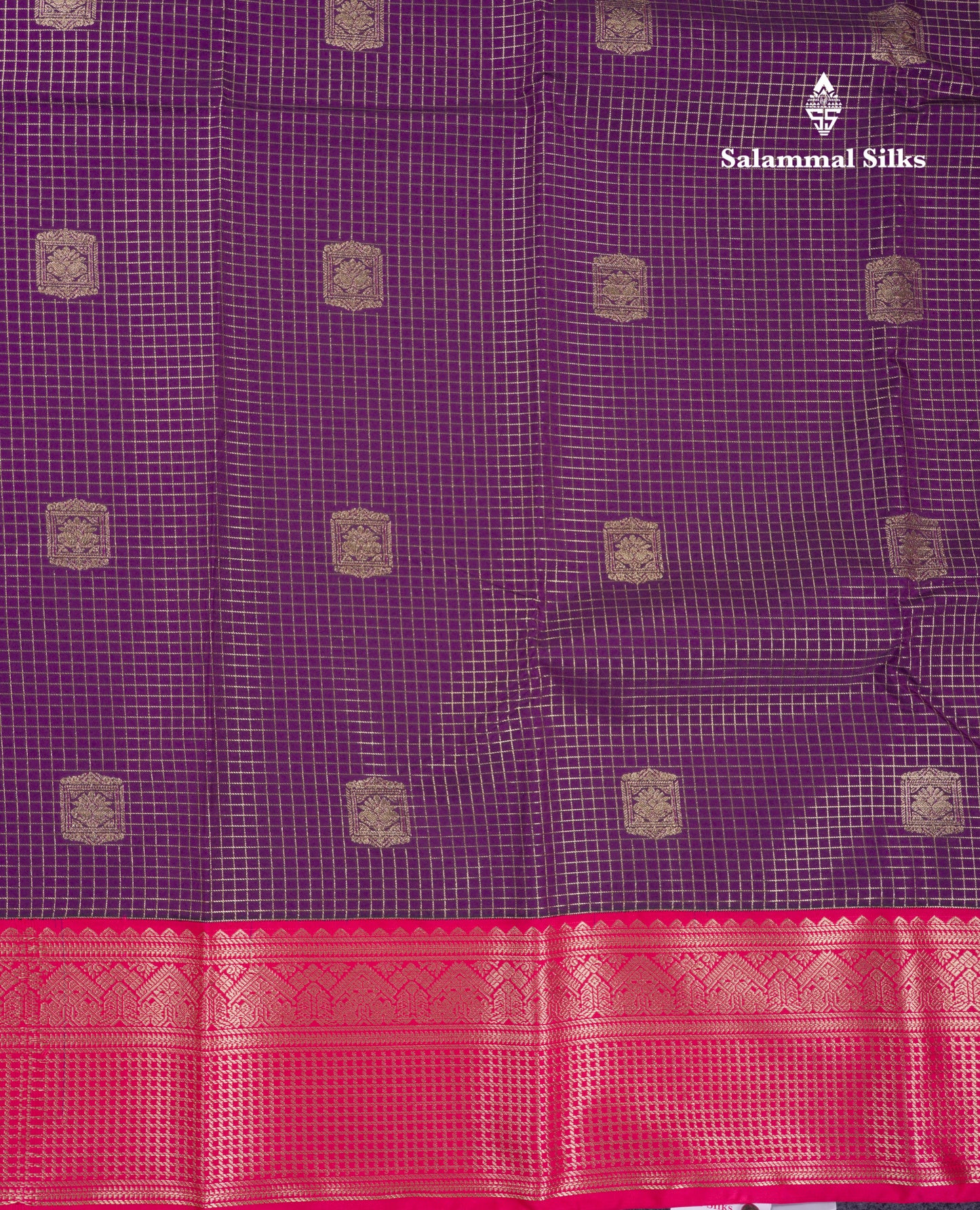 Beautiful Dark Purple Checks Semi Silk Saree With Contrast Pink Border