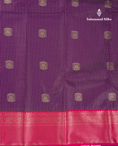 Beautiful Dark Purple Checks Semi Silk Saree With Contrast Pink Border