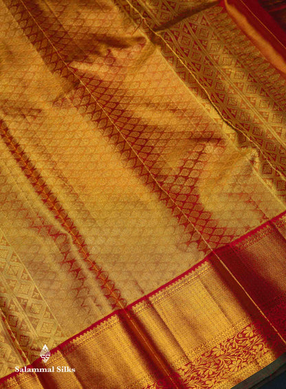 Beautiful Gold Plain Tissue Bridal Pure Kanjivaram Silk Saree With Contrast Chilly Red Traditional Evening Morning Border