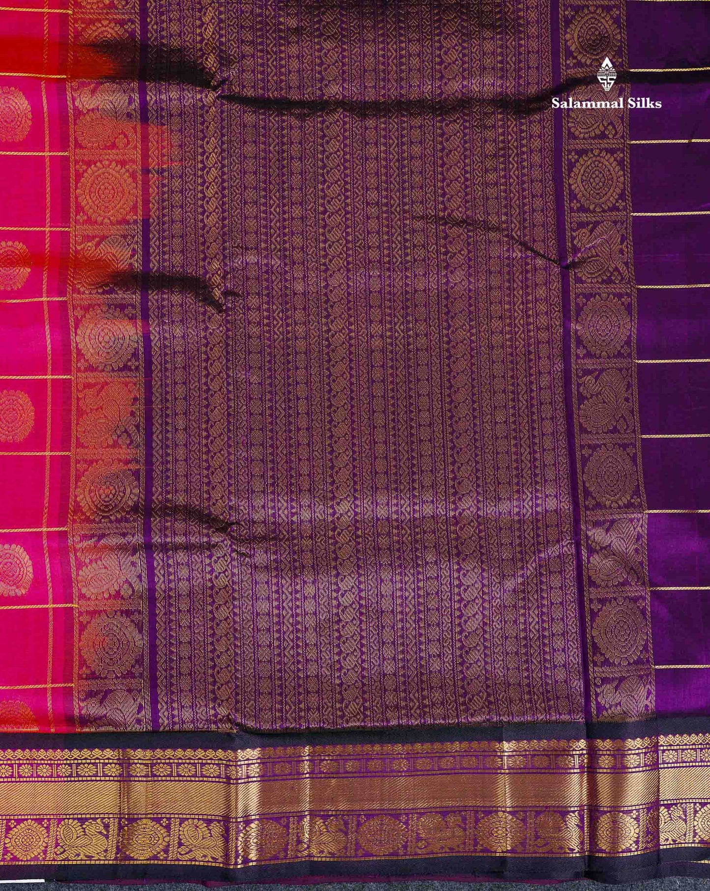 Pure Silk Cotton Saree - Pinkish Orange Checks With Butta Along With Contrast Dark Purple Traditional Border