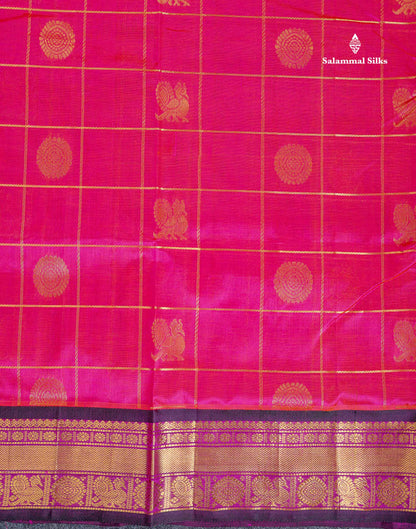 Pure Silk Cotton Saree - Pinkish Orange Checks With Butta Along With Contrast Dark Purple Traditional Border