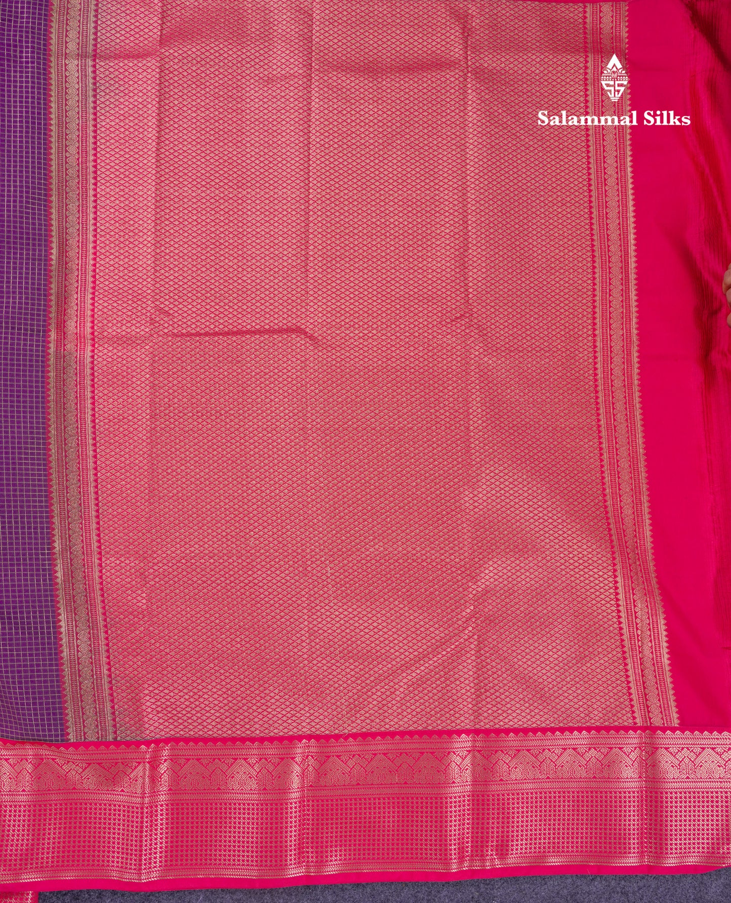 Beautiful Dark Purple Checks Semi Silk Saree With Contrast Pink Border