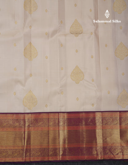 Korvai Beautiful Cream Pure Kanjivaram Silk Saree With Contrast Dark Purple Traditional Evening Morning Border