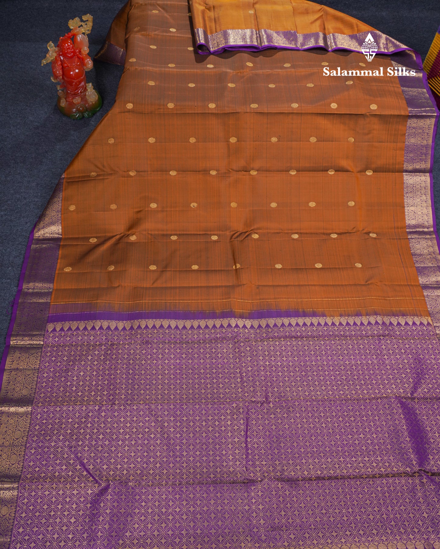 Brown Pure Kanjivaram Silk Saree With Contrast Dark Purple Traditional Border