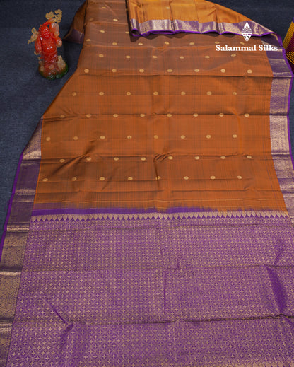 Brown Pure Kanjivaram Silk Saree With Contrast Dark Purple Traditional Border