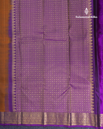 Brown Pure Kanjivaram Silk Saree With Contrast Dark Purple Traditional Border
