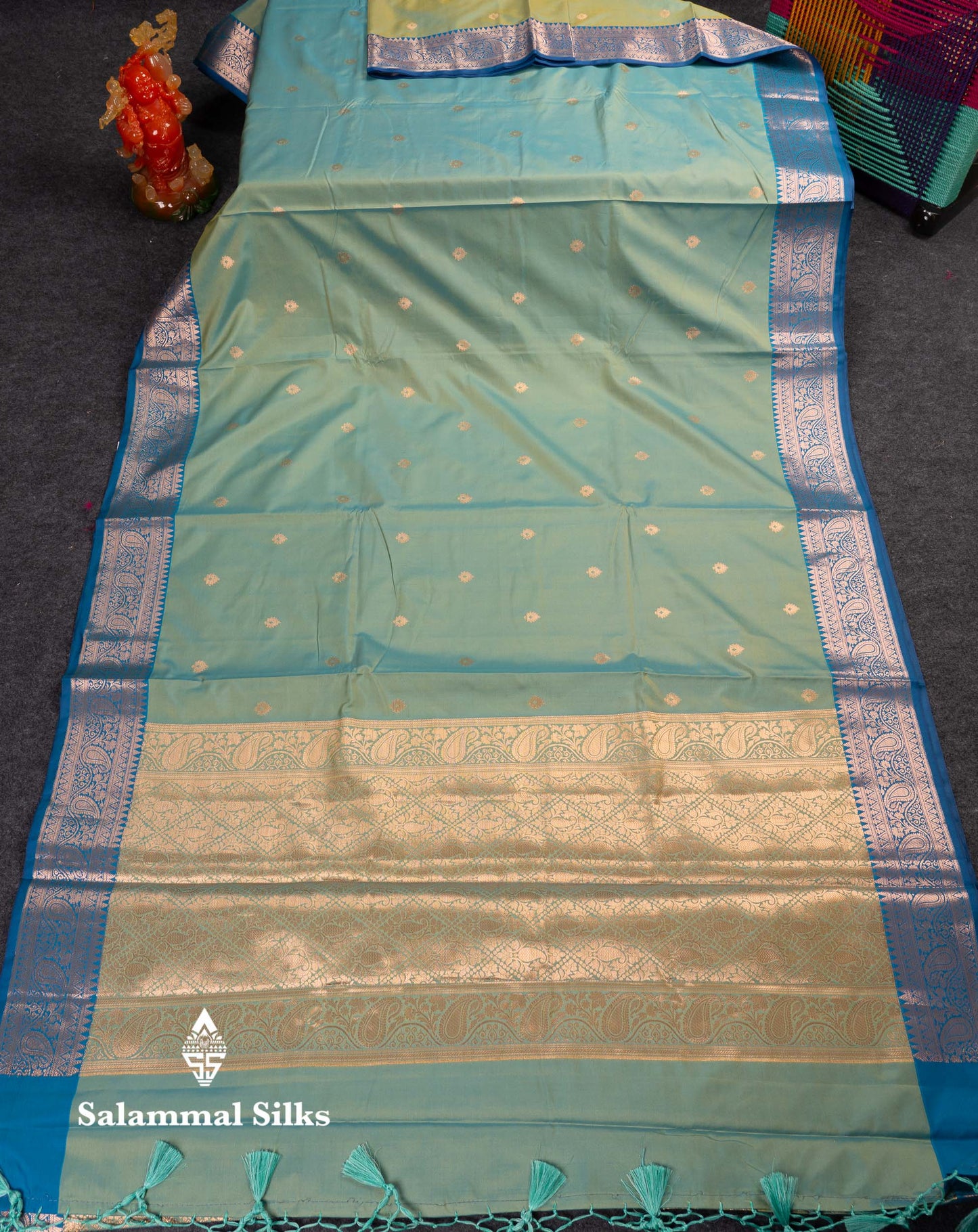 Beautiful Olive Green Semi Silk Saree With Contrast Peacock Blue Traditional Border