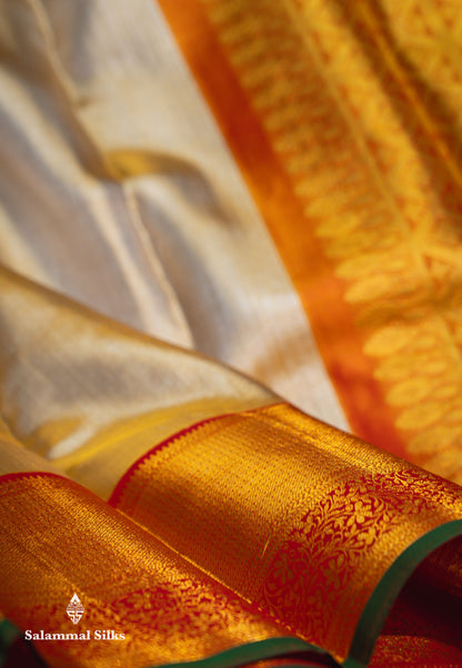 Beautiful Gold Plain Tissue Bridal Pure Kanjivaram Silk Saree With Contrast Chilly Red Traditional Evening Morning Border