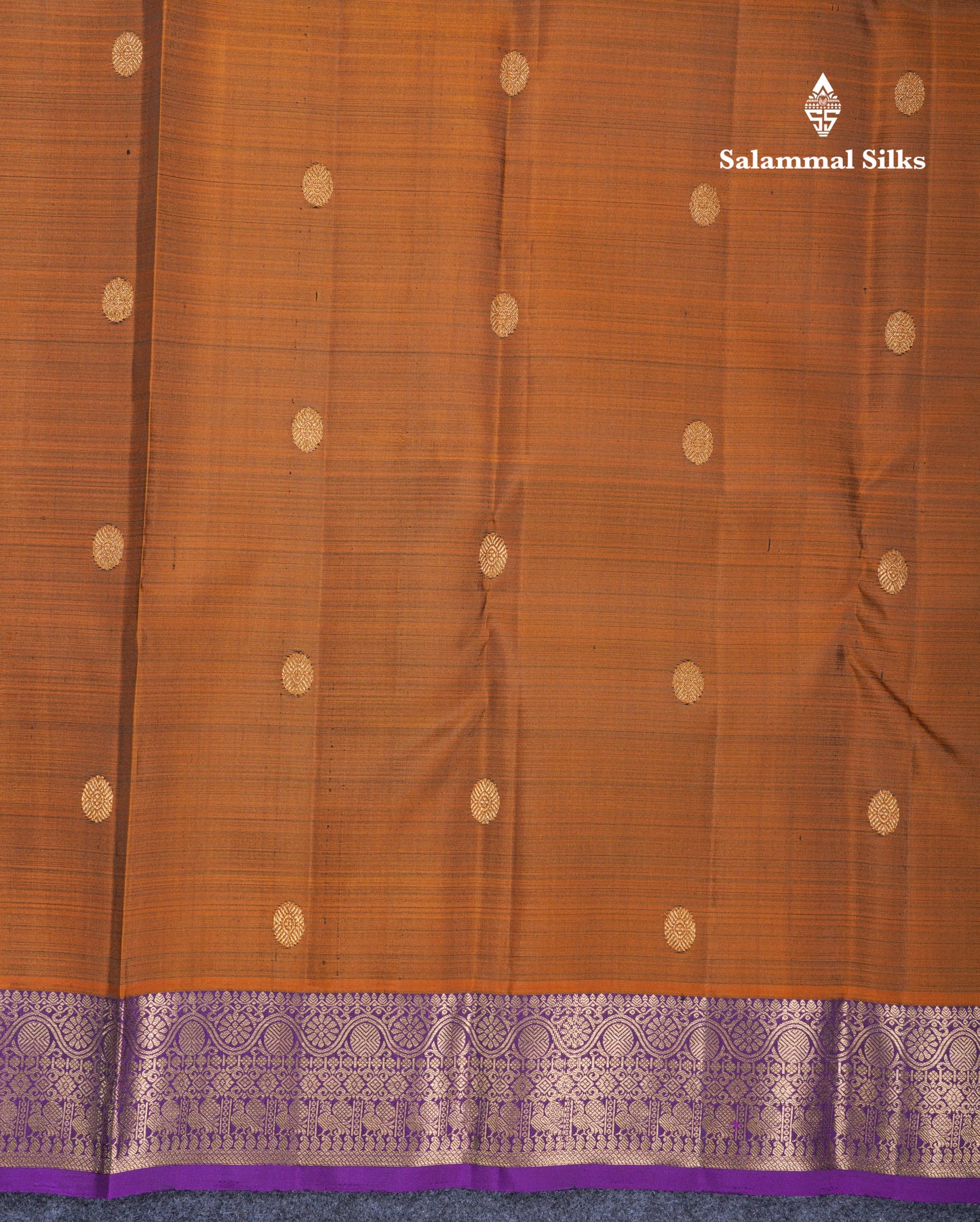 Brown Pure Kanjivaram Silk Saree With Contrast Dark Purple Traditional Border
