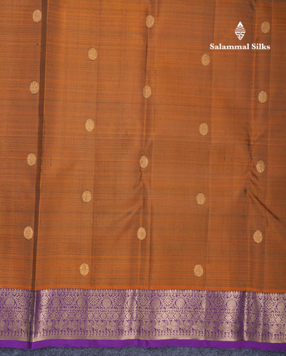 Brown Pure Kanjivaram Silk Saree With Contrast Dark Purple Traditional Border