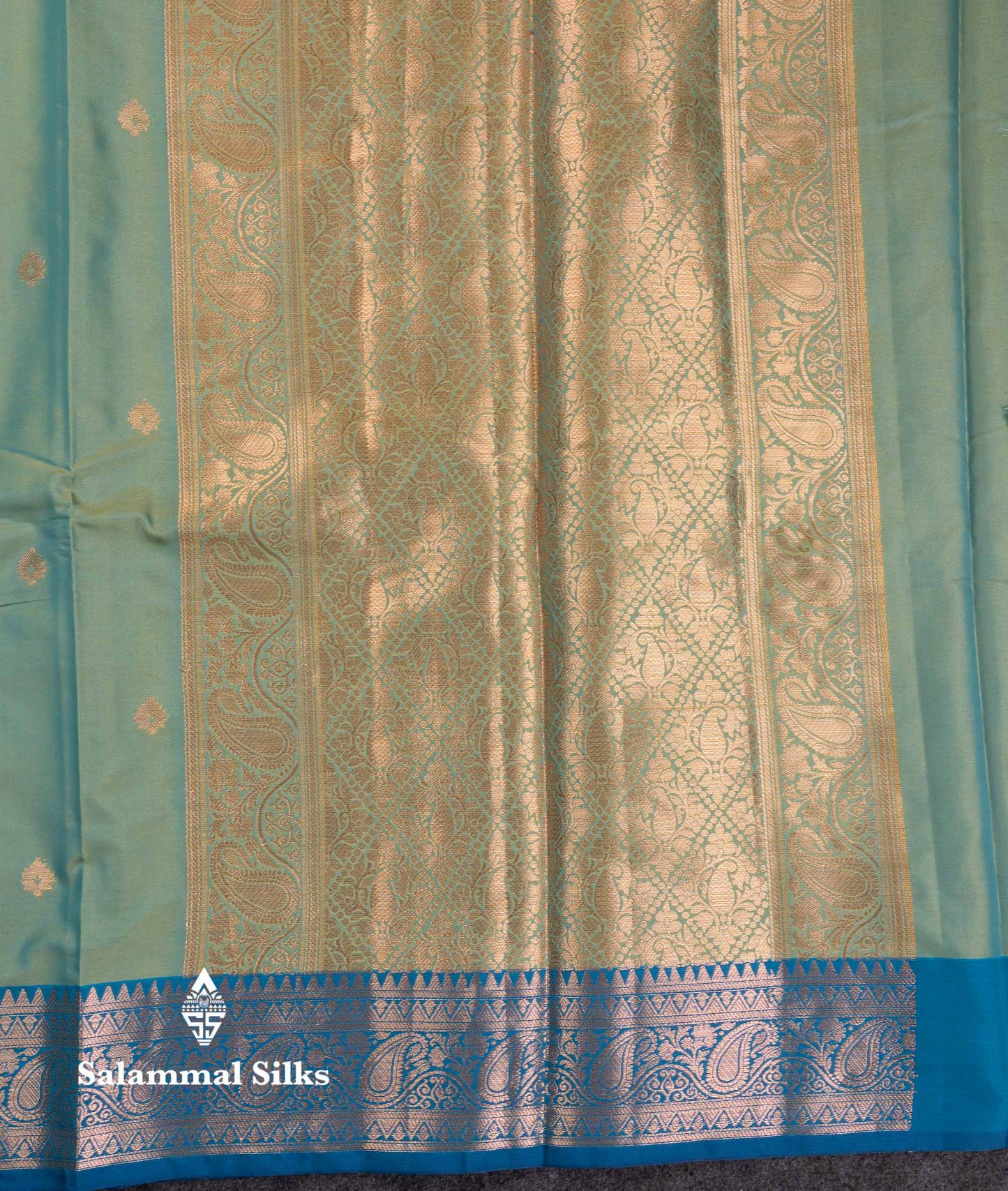 Beautiful Olive Green Semi Silk Saree With Contrast Peacock Blue Traditional Border