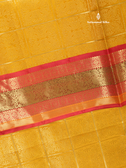 Mustard Yellow Checks Bridal Pure Kanjivaram Silk Saree With Contrast Pinkish Red Traditional Border