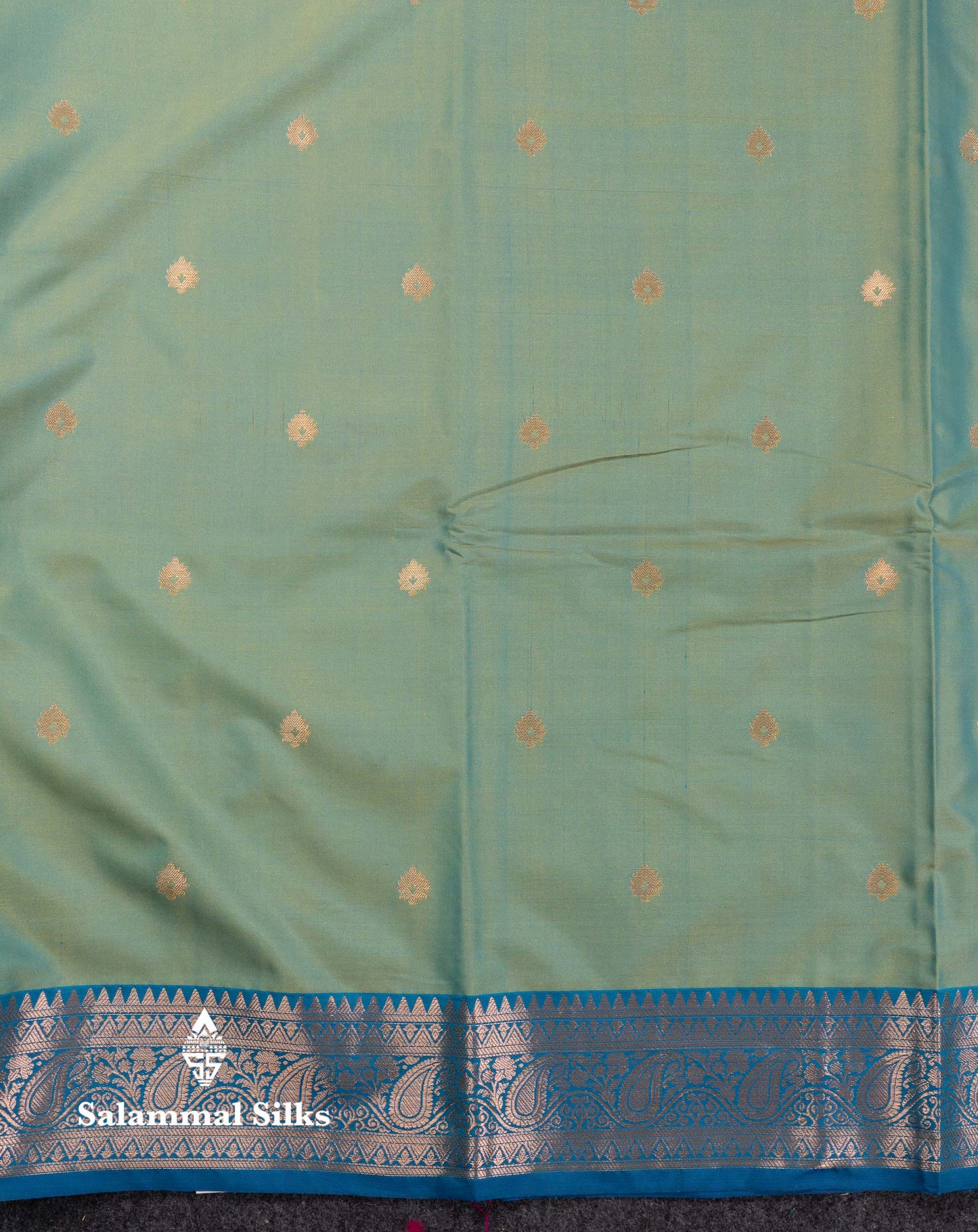Beautiful Olive Green Semi Silk Saree With Contrast Peacock Blue Traditional Border