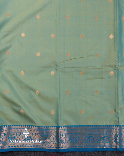 Beautiful Olive Green Semi Silk Saree With Contrast Peacock Blue Traditional Border