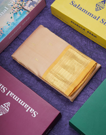 Beige Pure Kanjivaram Silk Saree With Contrast Yellow One Side Border