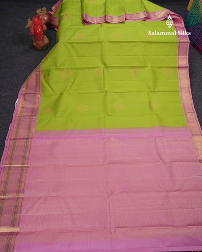 Korvai Beautiful Parrot Green Pure Kanjivaram Silk Saree With Contrast Baby Pink Traditional Evening Morning Border
