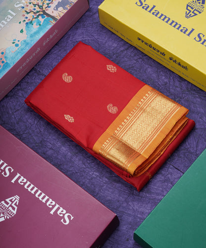 Chilly Red Pure Kanjivaram Silk Saree With Contrast Mustard Yellow One Side Border