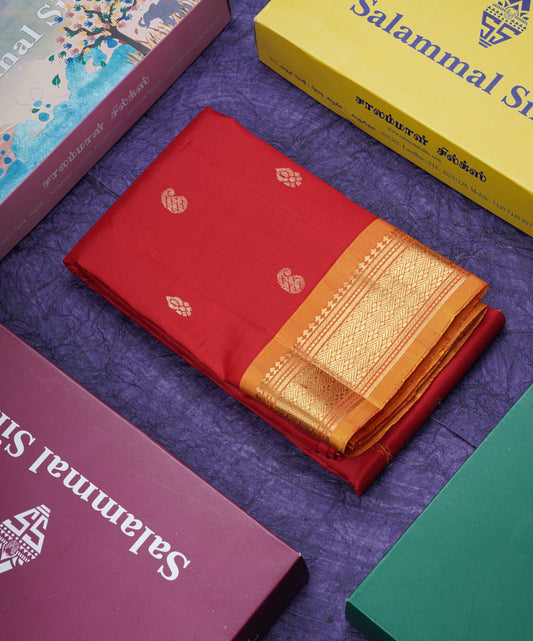 Chilly Red Pure Kanjivaram Silk Saree With Contrast Mustard Yellow One Side Border