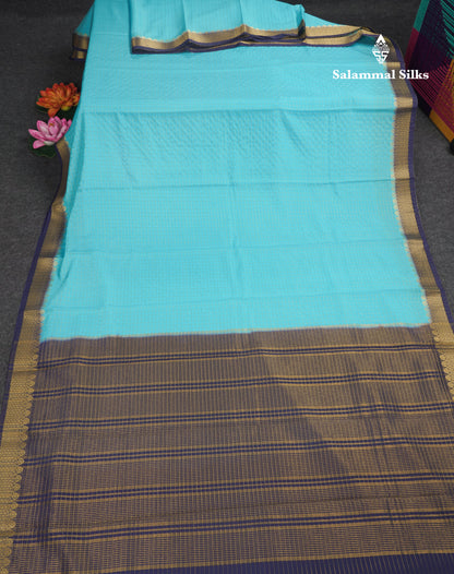 Sky Blue Small Checks Semi Mysore Crepe Saree With Contrast Navy Blue Small Border