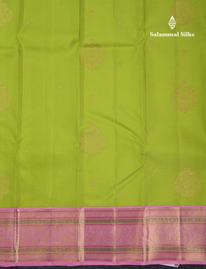 Korvai Beautiful Parrot Green Pure Kanjivaram Silk Saree With Contrast Baby Pink Traditional Evening Morning Border