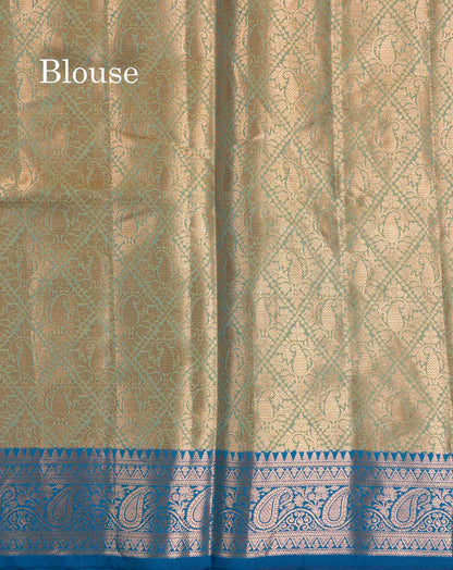 Beautiful Olive Green Semi Silk Saree With Contrast Peacock Blue Traditional Border