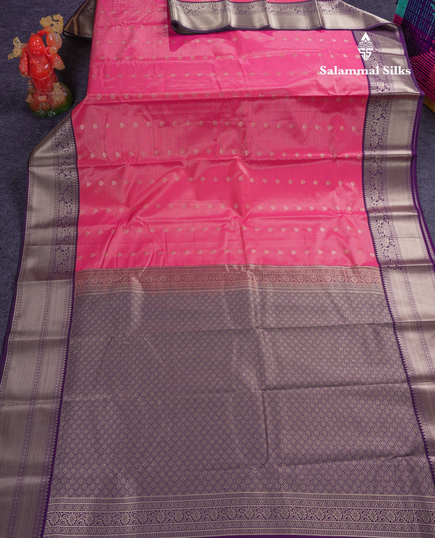 Beautiful Pink Vaira Oosi Semi Silk Saree With Contrast Dark Purple Traditional Border