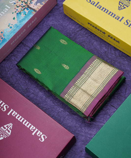 Dual Tone Green Pure Kanjivaram Silk Saree With Contrast Purple One Side Border