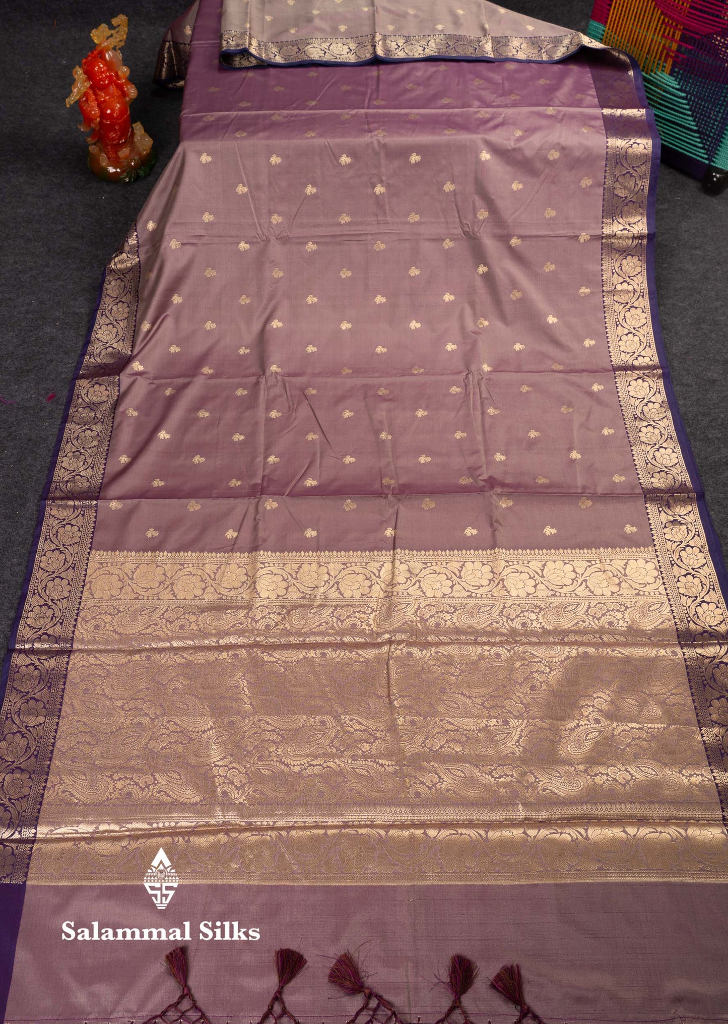 Beautiful Light Chocolate Semi Silk Saree With Contrast Violet Traditional Border