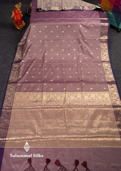 Beautiful Light Chocolate Semi Silk Saree With Contrast Violet Traditional Border