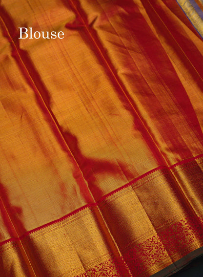 Beautiful Gold Plain Tissue Bridal Pure Kanjivaram Silk Saree With Contrast Chilly Red Traditional Evening Morning Border