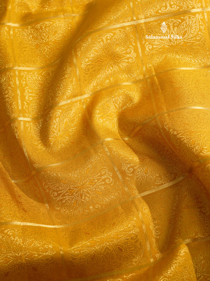 Mustard Yellow Checks Bridal Pure Kanjivaram Silk Saree With Contrast Pinkish Red Traditional Border