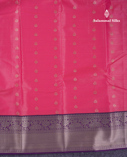 Beautiful Pink Vaira Oosi Semi Silk Saree With Contrast Dark Purple Traditional Border