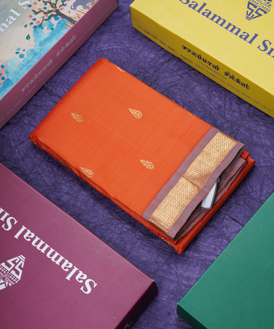 Orange Pure Kanjivaram Silk Saree With One Side Traditional Small Border