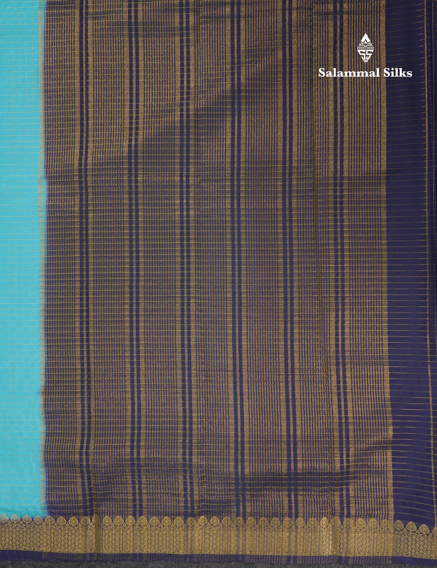 Sky Blue Small Checks Semi Mysore Crepe Saree With Contrast Navy Blue Small Border