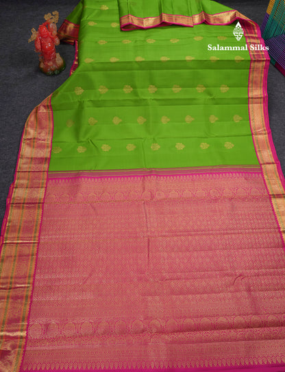 Korvai Beautiful Parrot Green Pure Kanjivaram Silk Saree With Contrast Pink Traditional Border