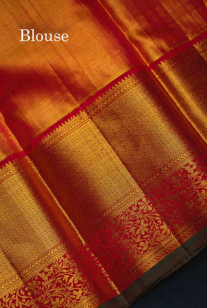 Beautiful Gold Plain Tissue Bridal Pure Kanjivaram Silk Saree With Contrast Chilly Red Traditional Evening Morning Border