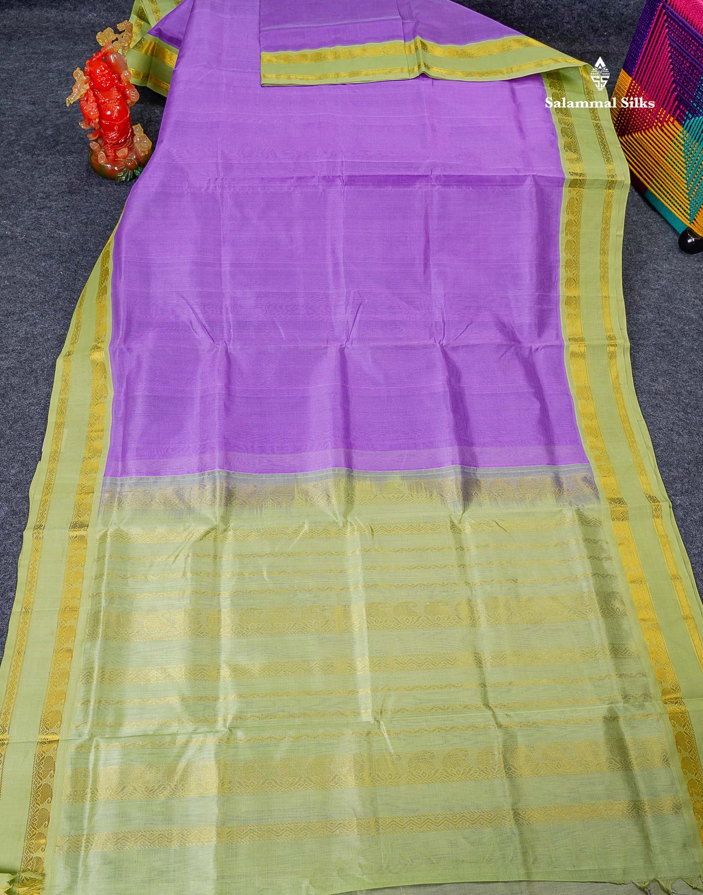 Pure Silk Cotton Saree - Lavender Plain Along With Contrast Light Pista Green Traditional Rettapet Gap Border
