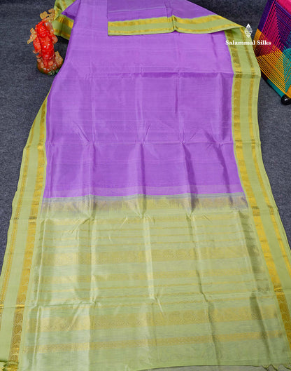 Pure Silk Cotton Saree - Lavender Plain Along With Contrast Light Pista Green Traditional Rettapet Gap Border