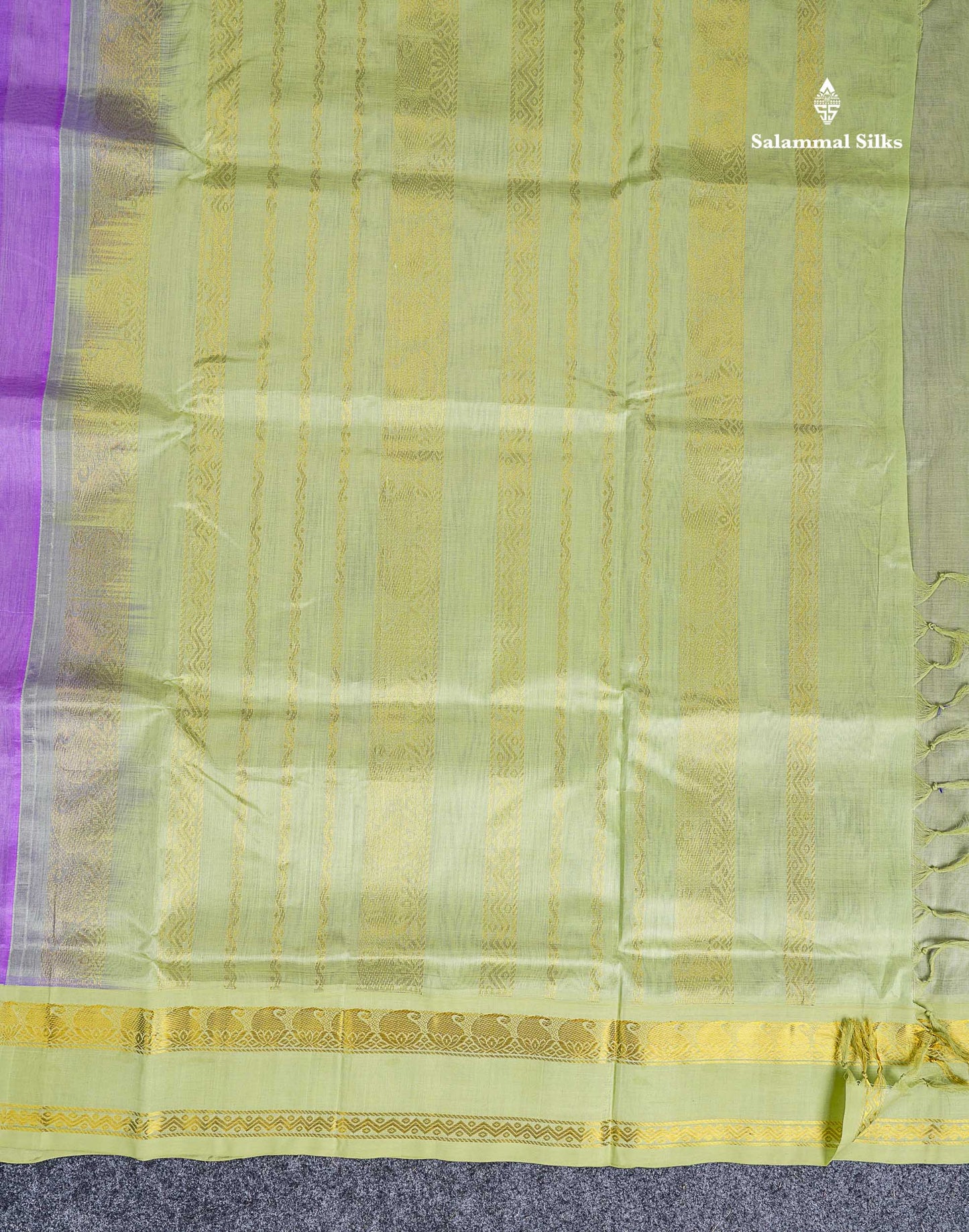 Pure Silk Cotton Saree - Lavender Plain Along With Contrast Light Pista Green Traditional Rettapet Gap Border