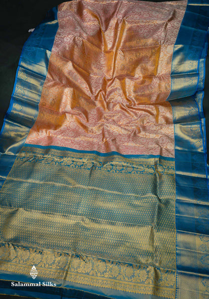 Beautiful Peach Tissue Bridal Pure Kanjivaram Silk Saree With Contrast Blue Traditional Border