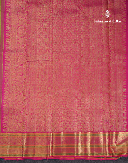 Korvai Beautiful Parrot Green Pure Kanjivaram Silk Saree With Contrast Pink Traditional Border
