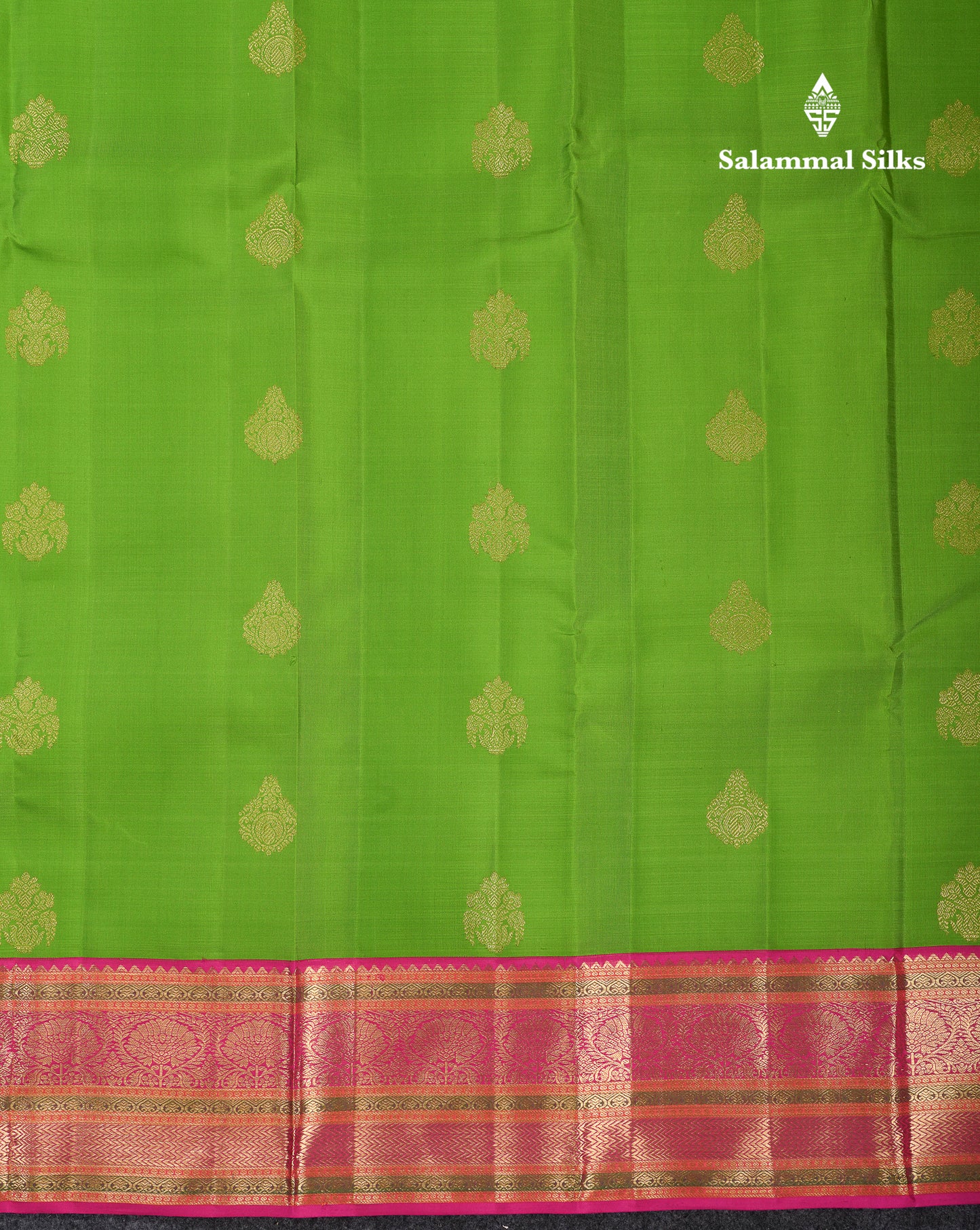 Korvai Beautiful Parrot Green Pure Kanjivaram Silk Saree With Contrast Pink Traditional Border