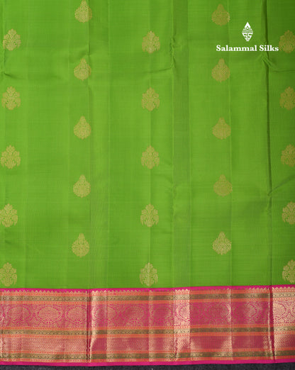 Korvai Beautiful Parrot Green Pure Kanjivaram Silk Saree With Contrast Pink Traditional Border