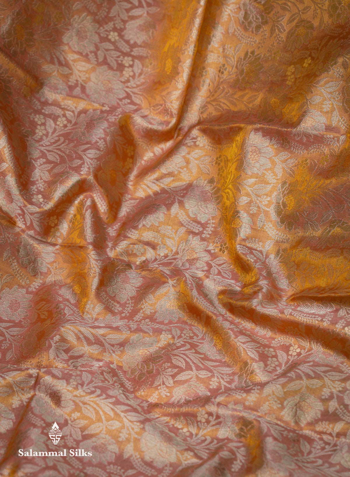 Beautiful Peach Tissue Bridal Pure Kanjivaram Silk Saree With Contrast Blue Traditional Border