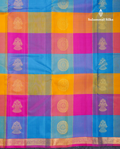 Paalum Pazham Checks With Butta Pure Kanjivaram Silk Saree With Contrast Pink Small Traditional Border