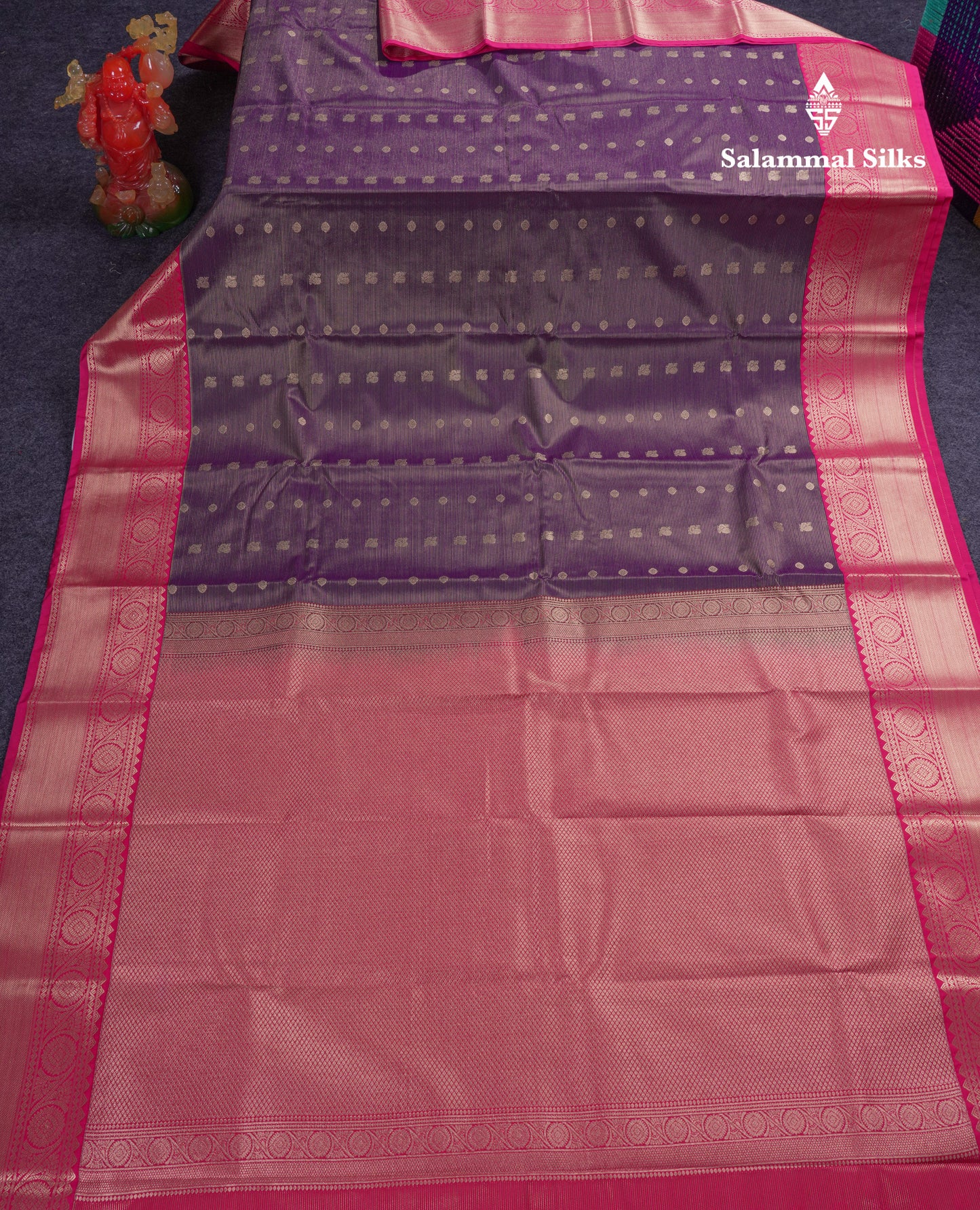 Beautiful Beige Vaira Oosi Lines Semi Silk Saree With Contrast Pink Border