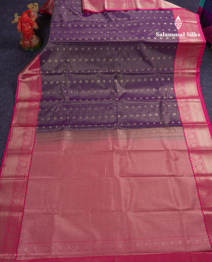 Beautiful Beige Vaira Oosi Lines Semi Silk Saree With Contrast Pink Border