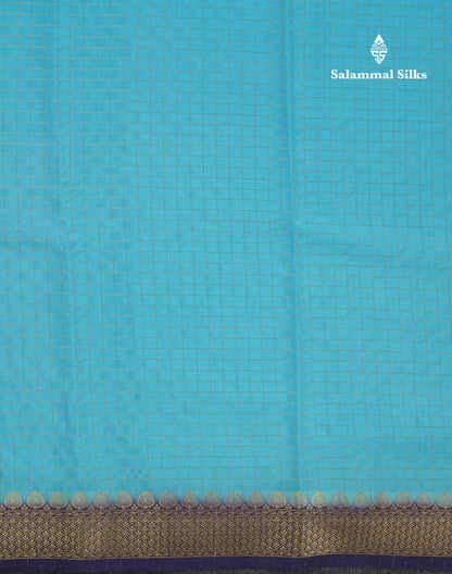 Sky Blue Small Checks Semi Mysore Crepe Saree With Contrast Navy Blue Small Border